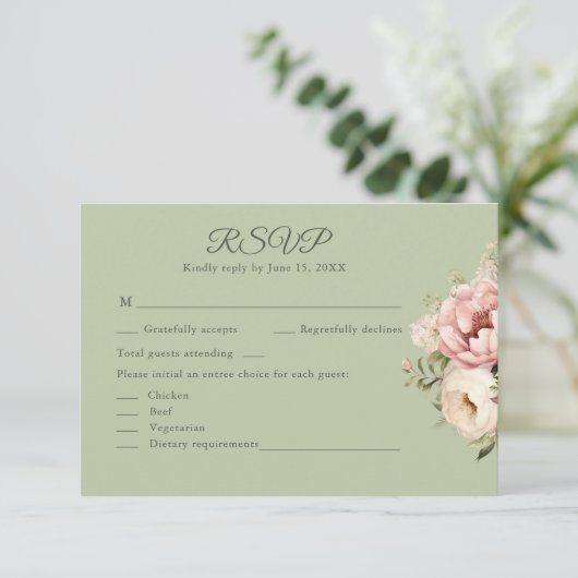 Sage Green Peony Floral RSVP Card (スタンド正面)
