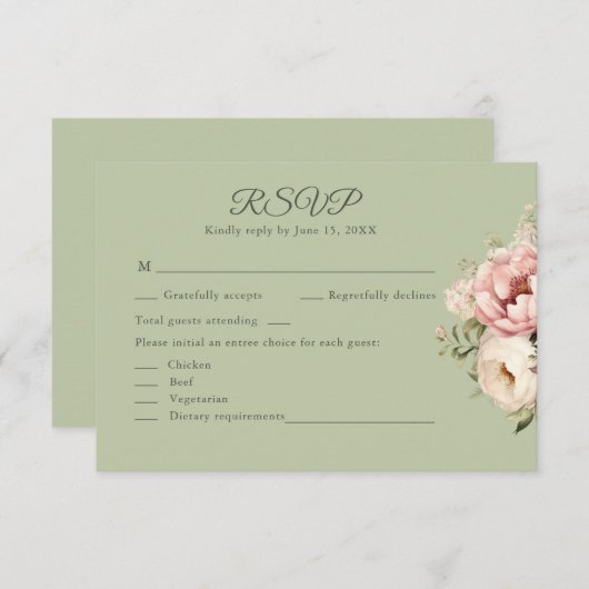Sage Green Peony Floral RSVP Card (正面/裏面)
