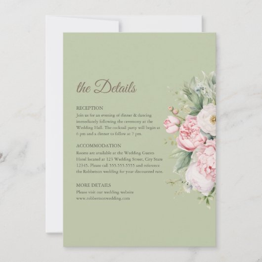 Sage Green Peony Floral Wedding Details Card 招待状 (正面)