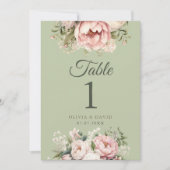 Sage Green Peony Floral Wedding Table Number (正面)