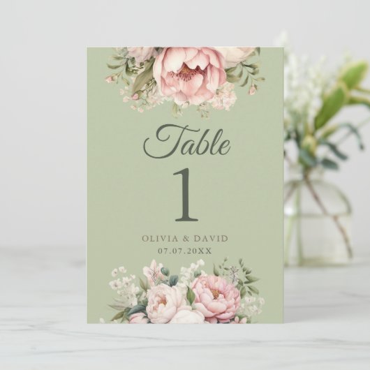 Sage Green Peony Floral Wedding Table Number (スタンド正面)