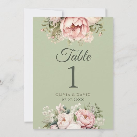 Sage Green Peony Floral Wedding Table Number (裏面)