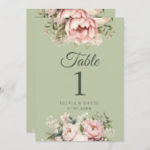 Sage Green Peony Floral Wedding Table Number (正面/裏面)