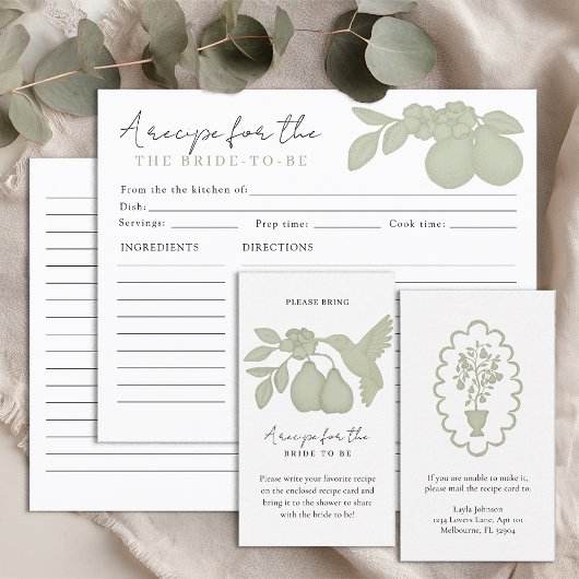 Sage Green Perfect Pear Bridal Shower Recipe Card