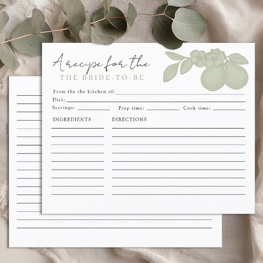 Sage Green Perfect Pear Bridal Shower Recipe Card
