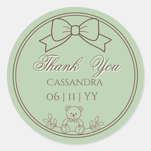 Sage Green Personalized Teddy Bear Bow ラウンドシール (正面)