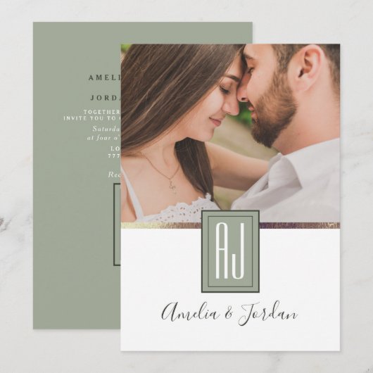 Sage Green Photo 結婚's 招待状 (正面/裏面)