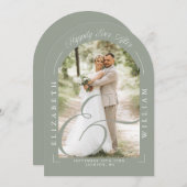 Sage Green Photo Archスクリプトウェディングレセプション 招待状 (正面/裏面)