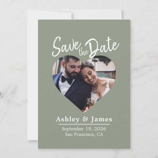 Sage Green Photo Modern Script Save the Date セーブザデート (正面)