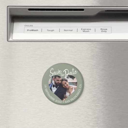 Sage Green Photo Modern Script Save the Date マグネット (インサイチュ (食洗機))