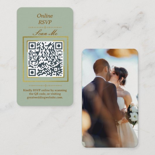 Sage Green | Photo Online RSVP QR Code Wedding  エンクロージャーカード (正面/裏面)
