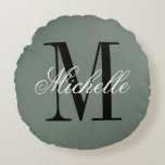 Sage green pillow cushion with custom monogram ラウンドクッション<br><div class="desc">Sage green pillow cushion with custom monogram. Personalized throw pillow for bed or sofa. Personalizable cushion monogrammed with name and initial letter. In stylish grey or custom background color. Elegant script typography text design. Classy chic home decor.</div>