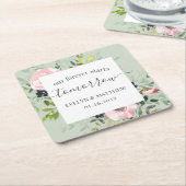 Sage Green & Pinkフローラが明日からスタート スクエアペーパーコースター (アングル)