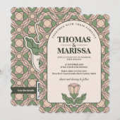 Sage Green & Pink Art Nouveau Floral Wedding 招待状 (正面/裏面)