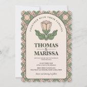Sage Green & Pink Art Nouveau Floral Wedding 招待状 (正面)