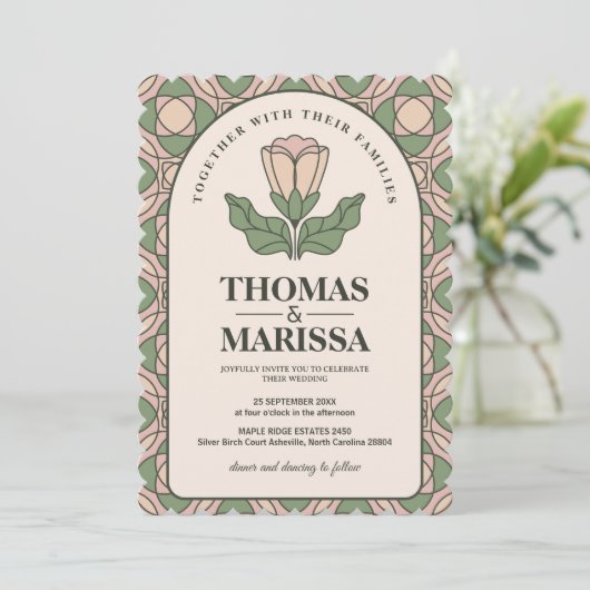 Sage Green & Pink Art Nouveau Floral Wedding 招待状 (スタンド正面)