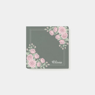 Sage Green & Pink Floral Personalized Sticky Notes ポストイット