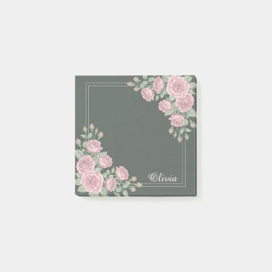 Sage Green & Pink Floral Personalized Sticky Notes ポストイット (正面)