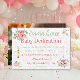Sage Green & Pink Floral Photo Baby Dedication  招待状
