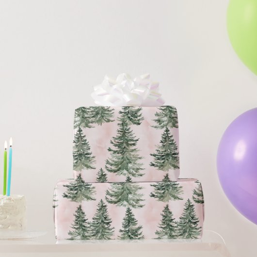 Sage Green & Pink Pine Trees Pattern ラッピングペーパー (パーティーギフト)