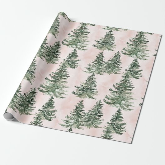 Sage Green & Pink Pine Trees Pattern  ラッピングペーパー (アンロールド)