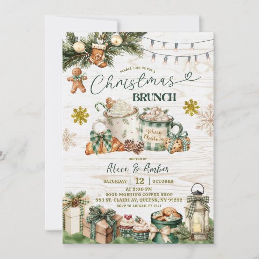 Sage Green Plaid Rustic Christmas Brunch 招待状 (正面)