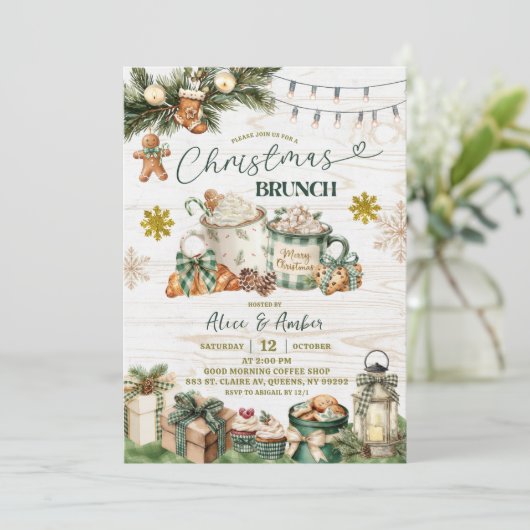 Sage Green Plaid Rustic Christmas Brunch 招待状 (スタンド正面)