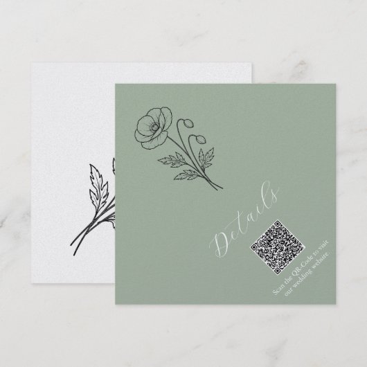 Sage Green Poppies Details QR code Card 招待状 (正面/裏面)