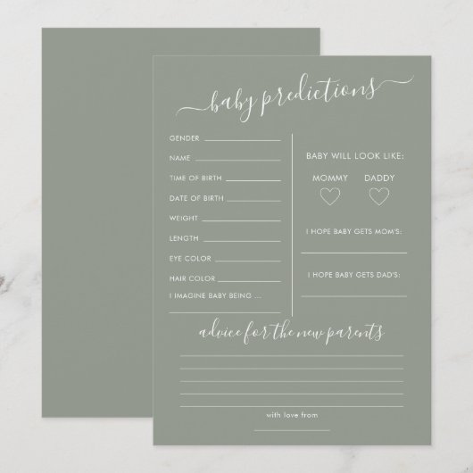 Sage Green Predictions Baby Shower Game Card 招待状 (正面/裏面)