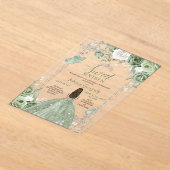 Sage Green Princess Butterfly Silver Sweet Sixteen アクリル招待状 (レイダウン)