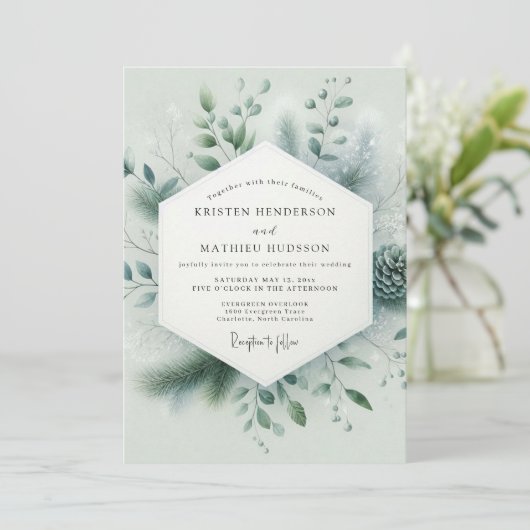 Sage Green Pristine Winter Wedding 招待状 (スタンド正面)