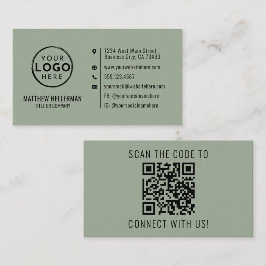 Sage Green Professional Minimalist QR Code Logo 名刺 (正面/裏面)
