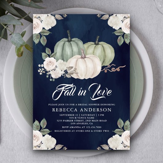 Sage Green Pumpkin Floral Navy Blue Bridal Shower 招待状