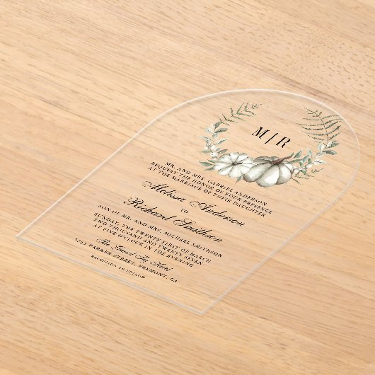 Sage Green Pumpkin Wreath Wedding アクリル招待状 (レイダウン)