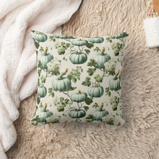 Sage Green Pumpkins & Autumn Florals クッション (ブランケット)