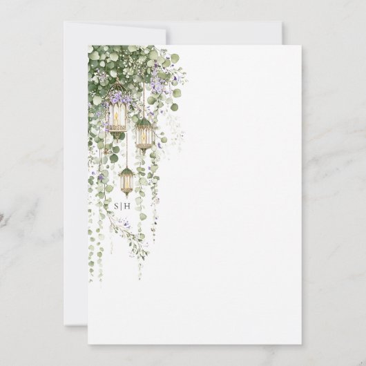 Sage Green Purple Floral Lantern Wedding 招待状 (裏面)