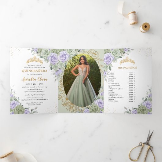 Sage Green Purple Roses Floral Quinceañera Photos 三つ折り招待状 (内部)