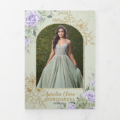 Sage Green Purple Roses Floral Quinceañera Photos 三つ折り招待状 (カバー)