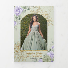 Sage Green Purple Roses Floral Quinceañera Photos 三つ折り招待状