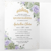 Sage Green Purple Roses Floral Quinceañera Photos 三つ折り招待状 (内部最初)