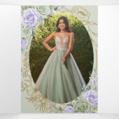 Sage Green Purple Roses Floral Quinceañera Photos 三つ折り招待状 (内部中)