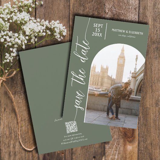 Sage Green QRコードフォト結婚ズ セーブザデート
