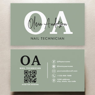 Sage Green QRコード爪、 ネイルスペシャリスト 名刺