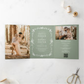 Sage Green QRフランスのコービクトリアンドフォト結婚ズ 三つ折り招待状 (内部)