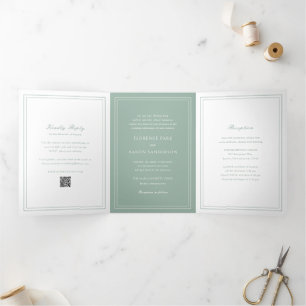 Sage Green QR伝統的コードのタイムレス結婚 三つ折り招待状