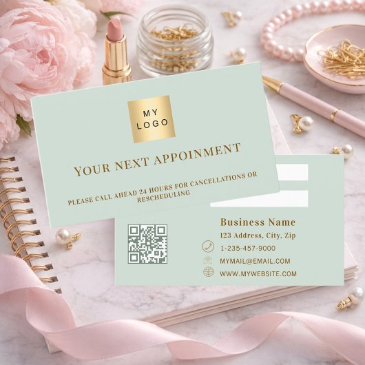 Sage green QR business logo appointment card 割引カード