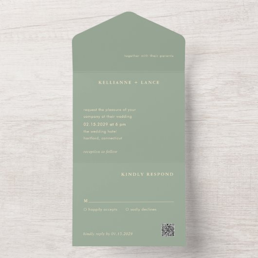 Sage Green QR Code Simple Modern Wedding オールインワン招待状 (内側)