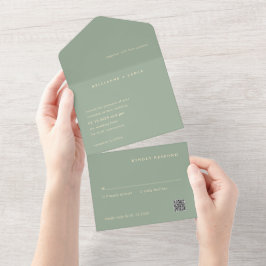 Sage Green QR Code Simple Modern Wedding オールインワン招待状
