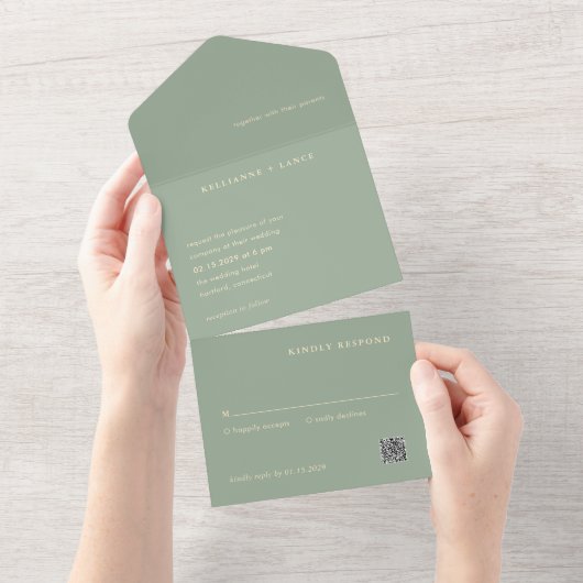 Sage Green QR Code Simple Modern Wedding オールインワン招待状 (貼ってはがせる)