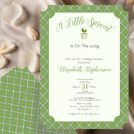 Sage Green Quatrefoil Little Sprout Baby Shower 招待状